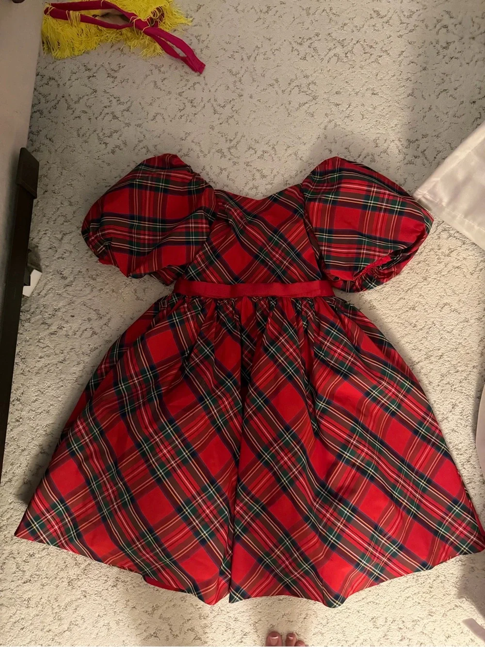 Red Plaid Puff-Sleeve Kids Dress